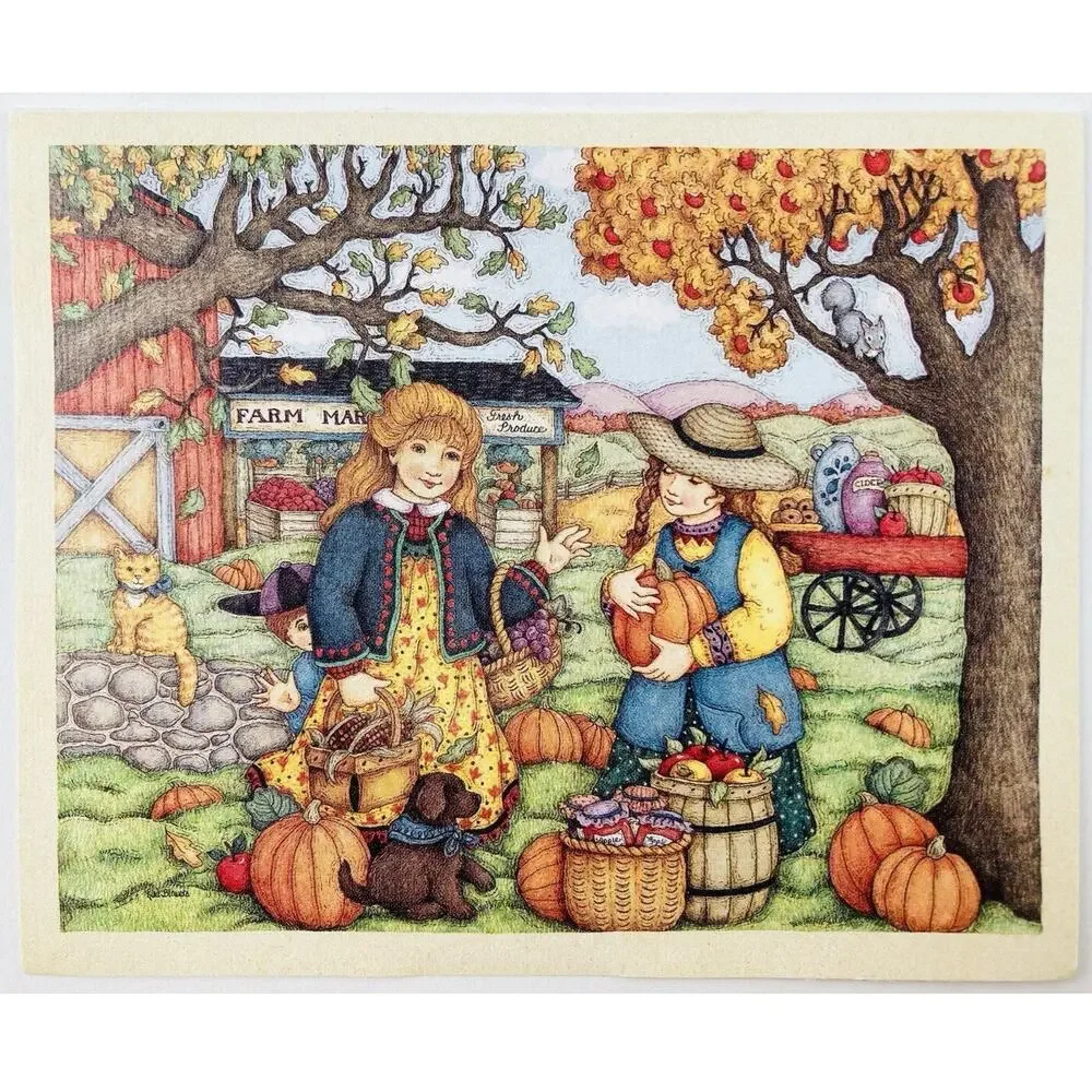12 cards Notecards by LISA BLOWERS Blank 1995 Lang Girls Farming Pumpkins Fall C